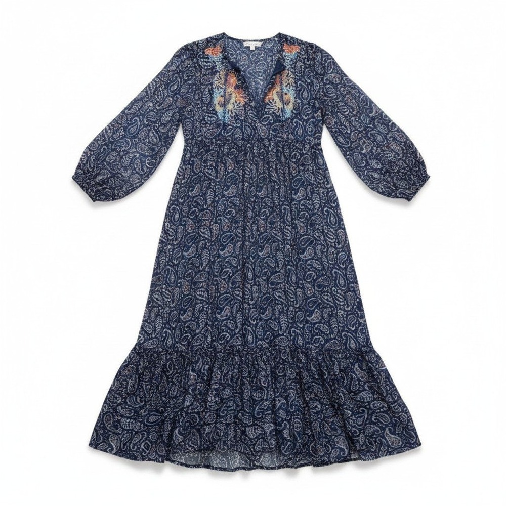 Molly Bracken Blue Paisley‎ Embroidered Tie Neck Midi Dress N221AN Womens L